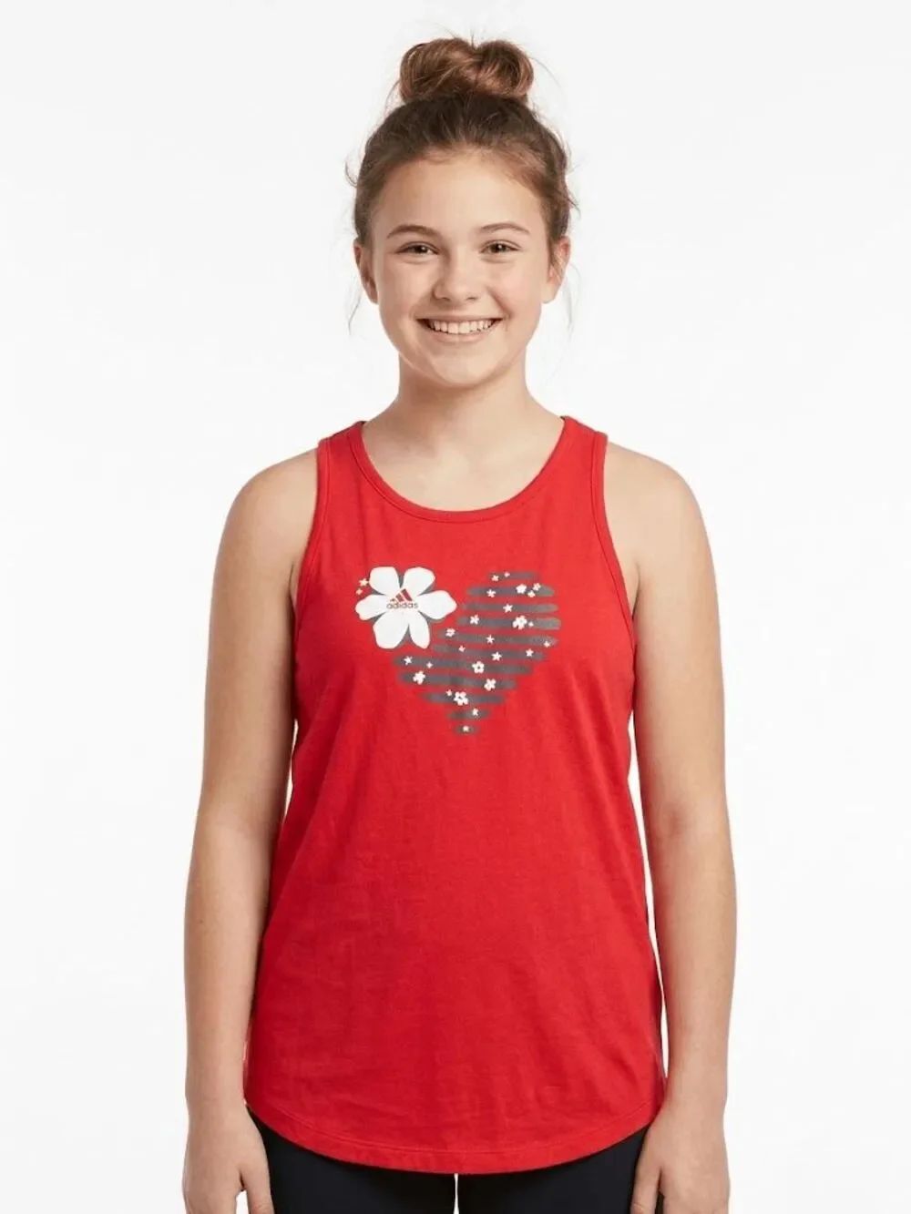 Adidas Girl's Graphic Tank Top Red White Gray Hibiscus Heart XL